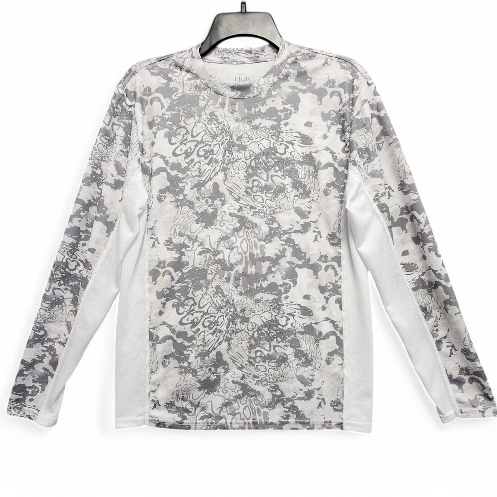 HUK Icon X Tide Change Shirt Mens Small‎ Gray White Long Sleeve Camo Fishing